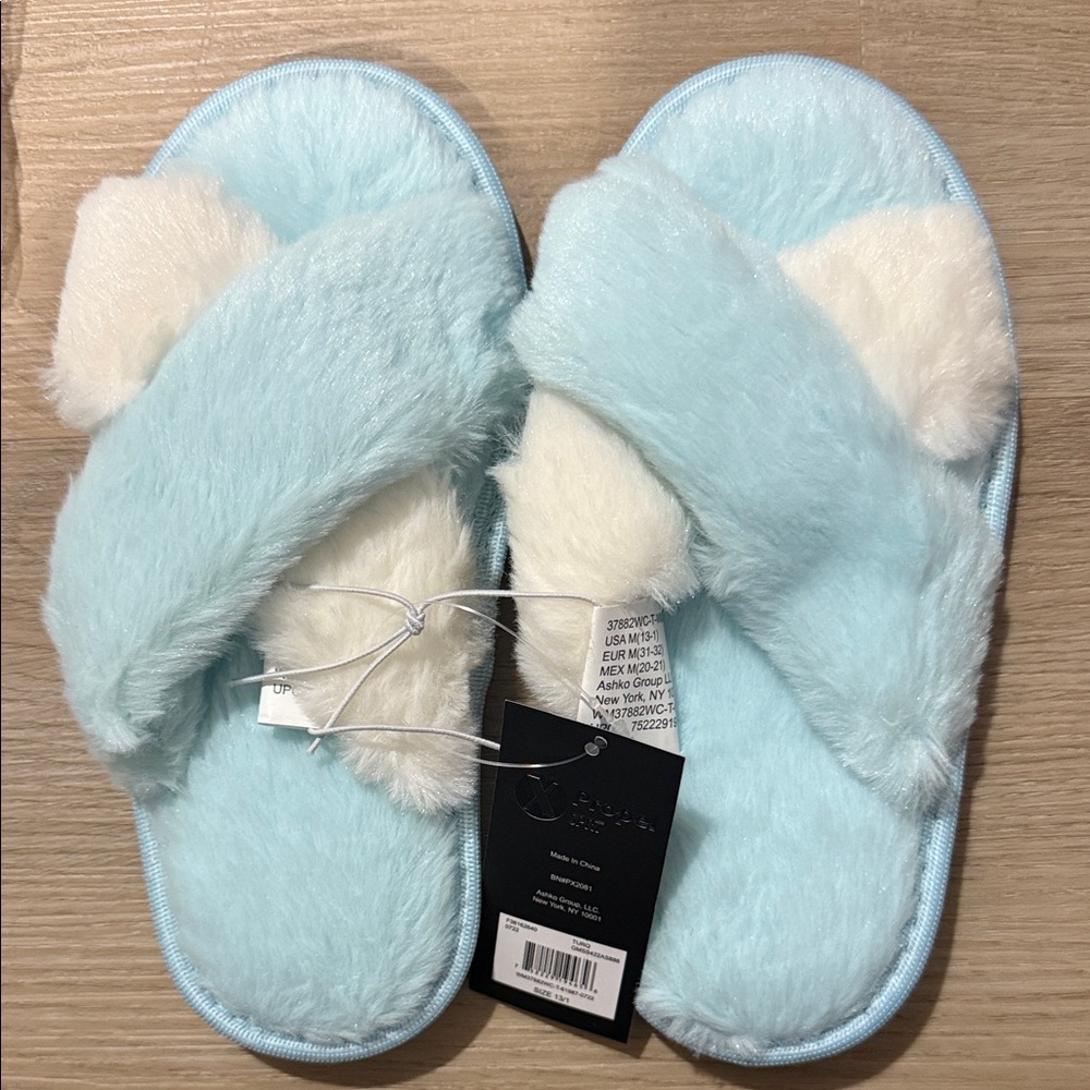 Light Blue Fuzzy Cross-Band Slippers with Cream Accents